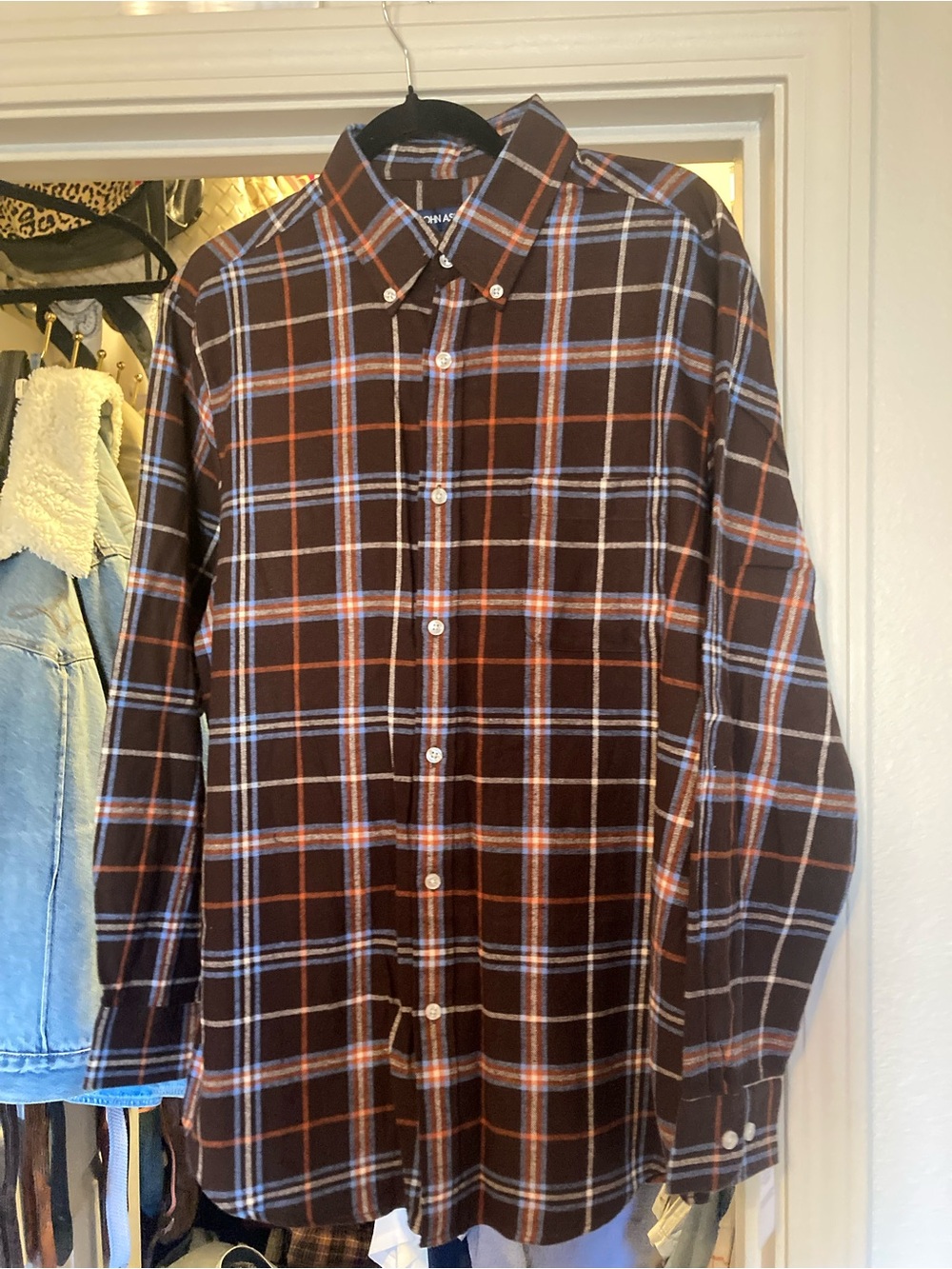 NWT John Ashford Brown Plaid Button-Down Shirt with Blue & Scarlett Lines
